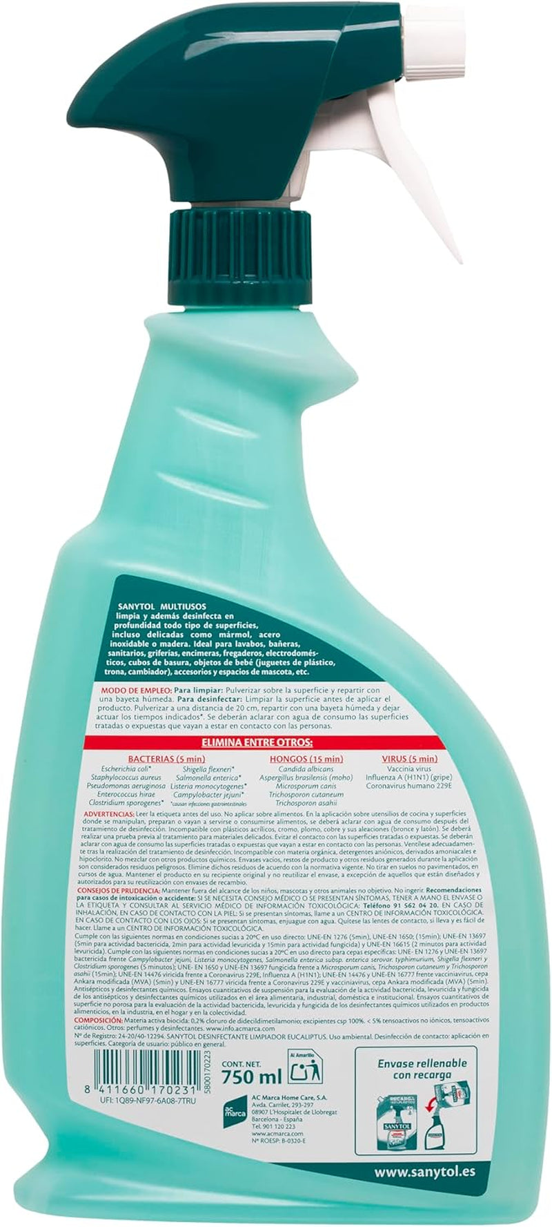 Sanytol - Limpiador Desinfectante Multiusos Eucalipto Pack 4 X 750 Ml