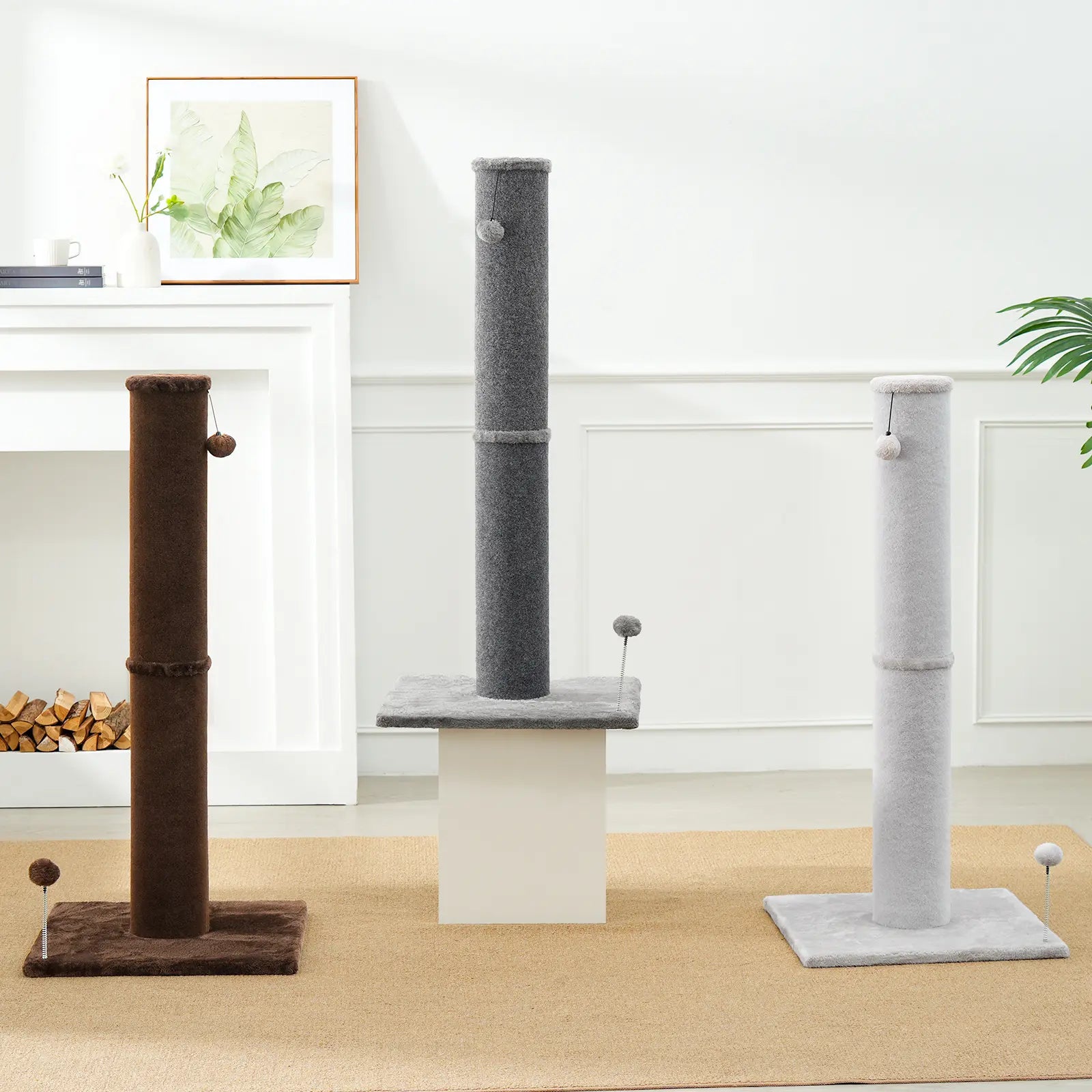 Made4Pets Plain Freestanding Sisal Scratching Post for Indoor Cats, 19.25" L X 19.25" W X 41.73" H, Sturdy Base, Replaceable Spring Toy, Space-Saving Compact Build, Supports Healthy Nails, Vertical Scratcher
