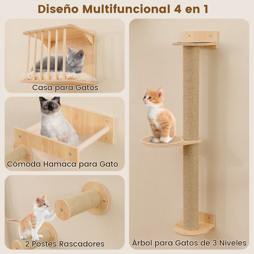 Estantería De Pared Para Gatos Con Árbol De 3 Niveles Hamaca Poste Y Alfombras Rascadores Natural