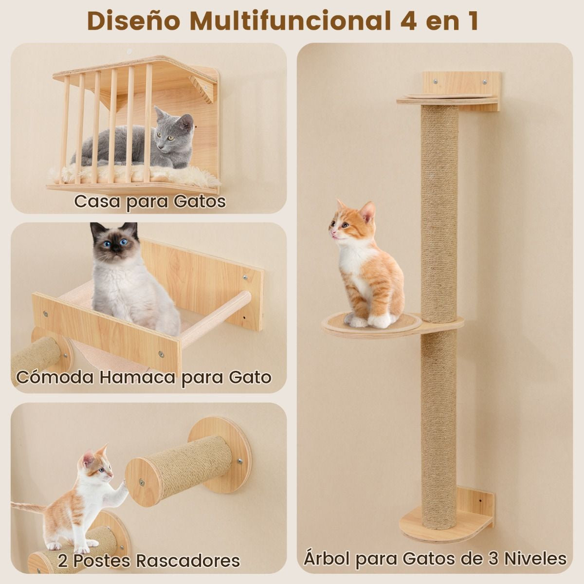 Estantería De Pared Para Gatos Con Árbol De 3 Niveles Hamaca Poste Y Alfombras Rascadores Natural