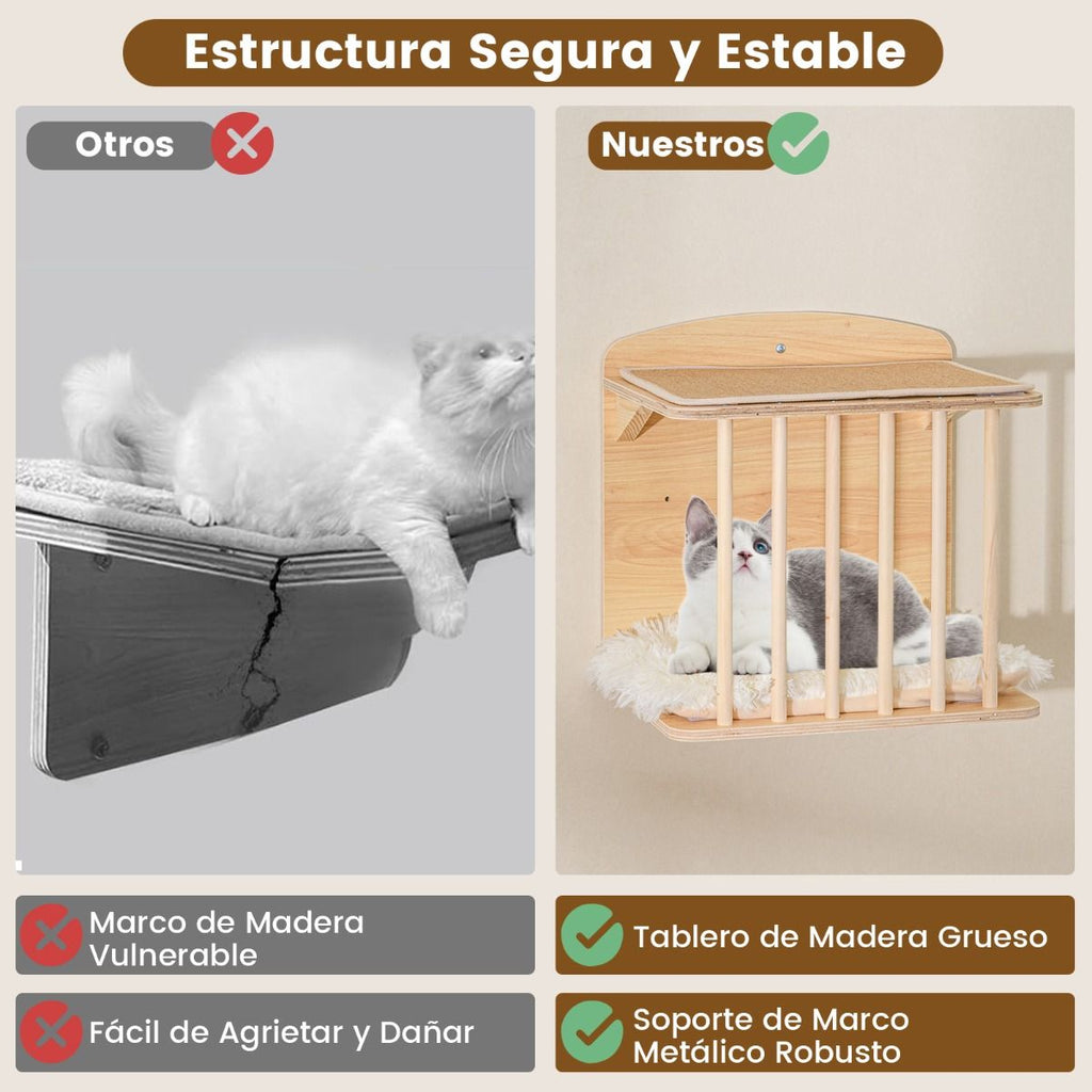 Estantería De Pared Para Gatos Con Árbol De 3 Niveles Hamaca Poste Y Alfombras Rascadores Natural