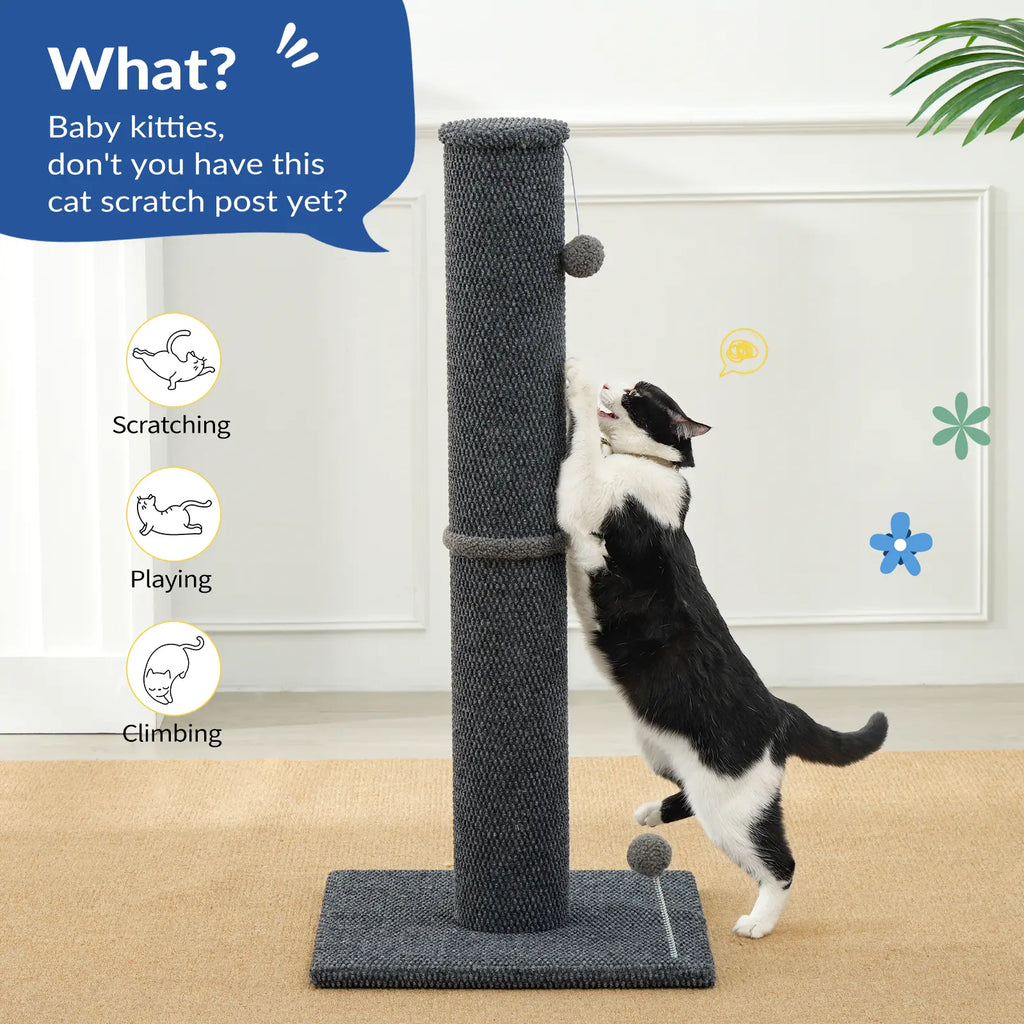 Made4Pets Plain Freestanding Sisal Scratching Post for Indoor Cats, 19.25" L X 19.25" W X 41.73" H, Sturdy Base, Replaceable Spring Toy, Space-Saving Compact Build, Supports Healthy Nails, Vertical Scratcher