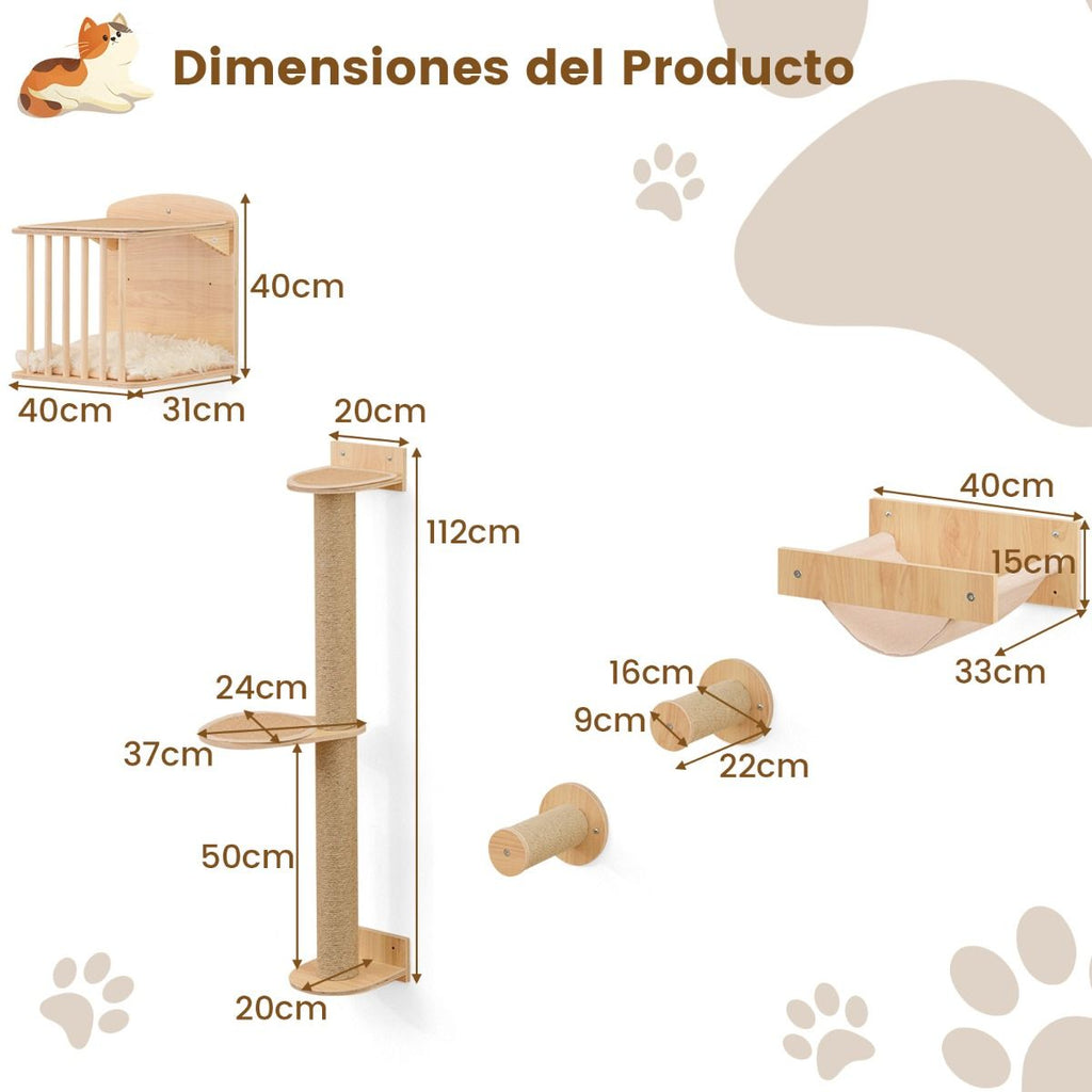 Estantería De Pared Para Gatos Con Árbol De 3 Niveles Hamaca Poste Y Alfombras Rascadores Natural