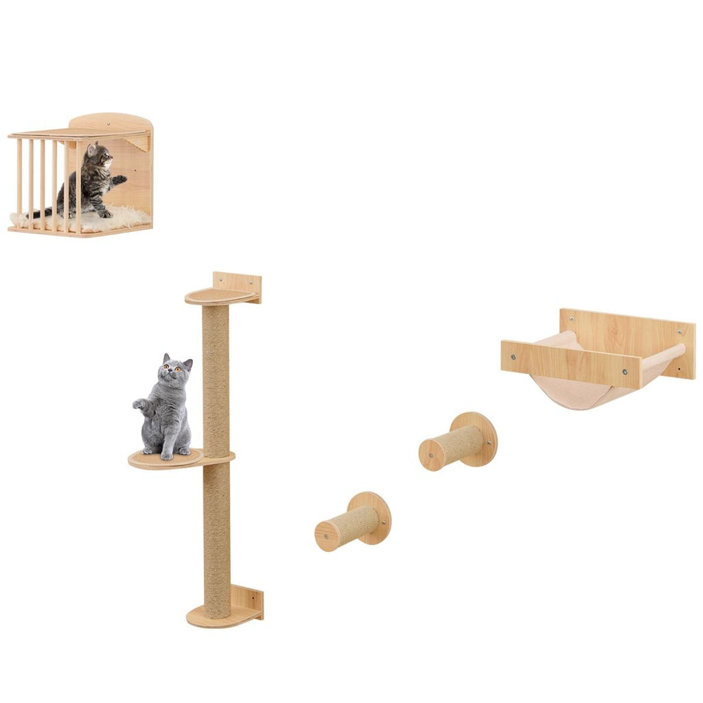 Estantería De Pared Para Gatos Con Árbol De 3 Niveles Hamaca Poste Y Alfombras Rascadores Natural
