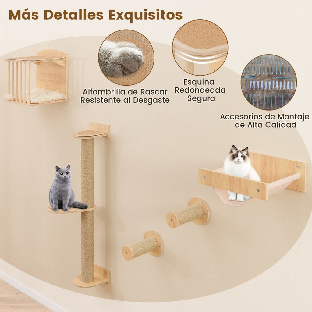 Estantería De Pared Para Gatos Con Árbol De 3 Niveles Hamaca Poste Y Alfombras Rascadores Natural