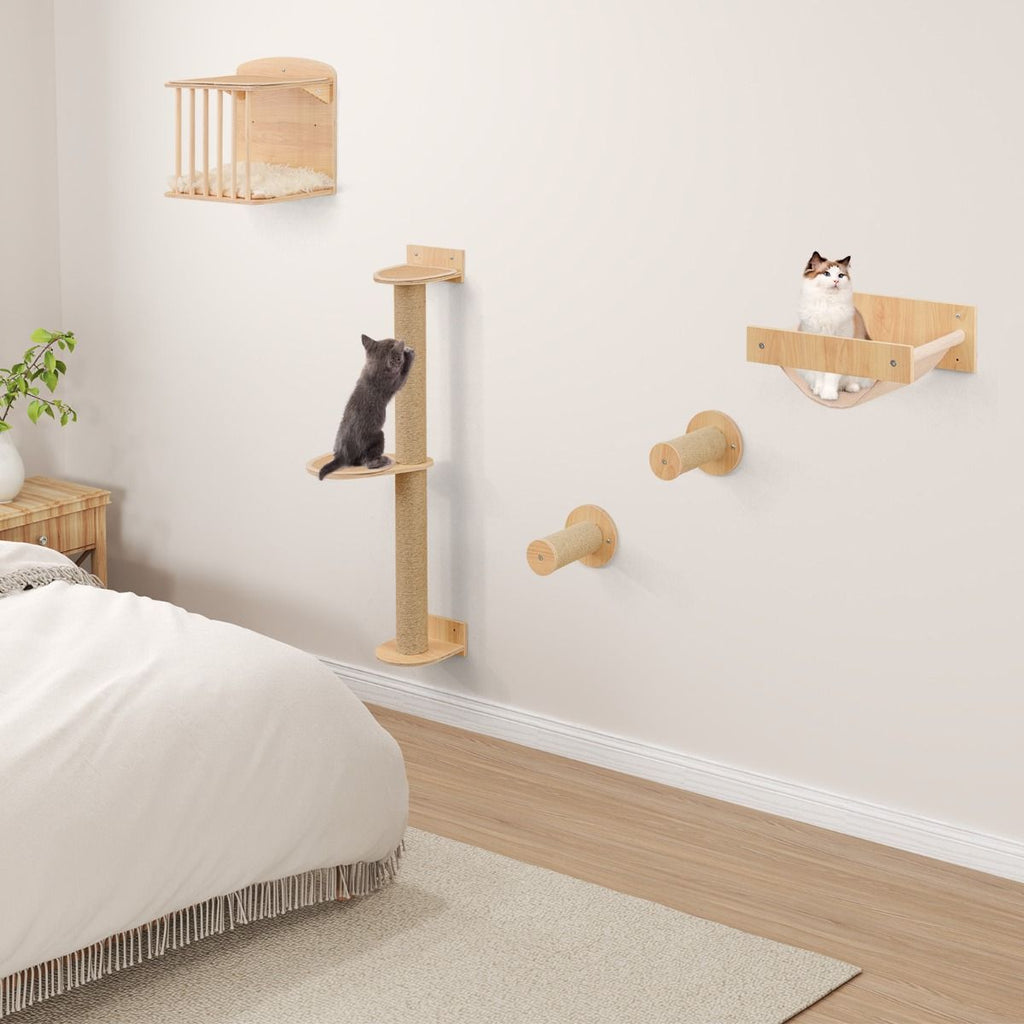 Estantería De Pared Para Gatos Con Árbol De 3 Niveles Hamaca Poste Y Alfombras Rascadores Natural