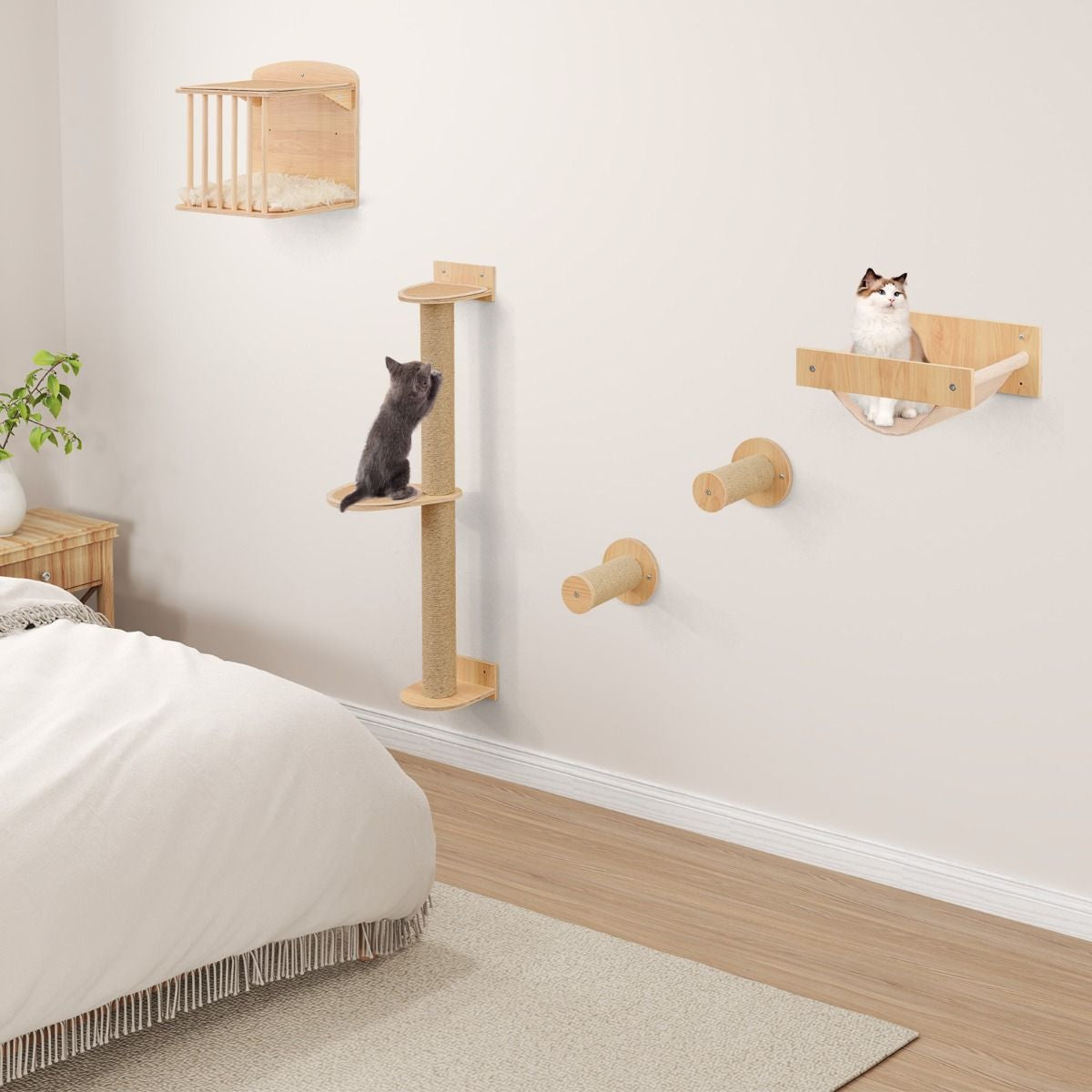 Estantería De Pared Para Gatos Con Árbol De 3 Niveles Hamaca Poste Y Alfombras Rascadores Natural