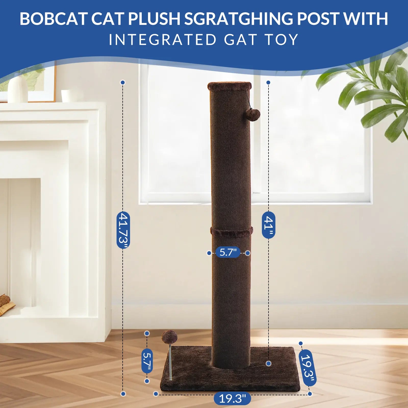 Made4Pets Plain Freestanding Sisal Scratching Post for Indoor Cats, 19.25" L X 19.25" W X 41.73" H, Sturdy Base, Replaceable Spring Toy, Space-Saving Compact Build, Supports Healthy Nails, Vertical Scratcher