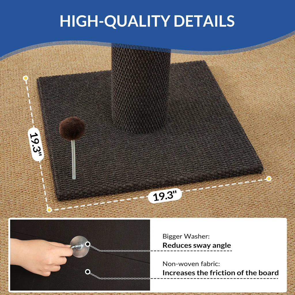 Made4Pets Plain Freestanding Sisal Scratching Post for Indoor Cats, 19.25" L X 19.25" W X 41.73" H, Sturdy Base, Replaceable Spring Toy, Space-Saving Compact Build, Supports Healthy Nails, Vertical Scratcher
