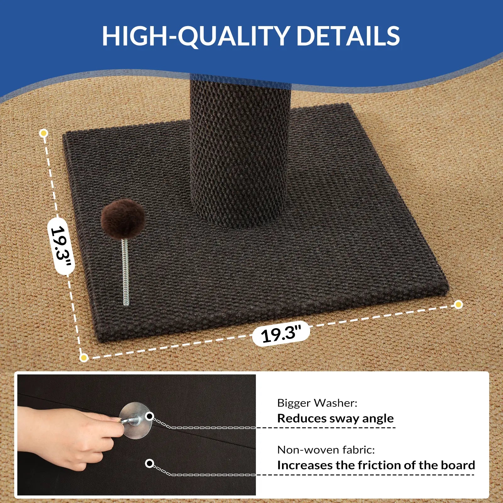 Made4Pets Plain Freestanding Sisal Scratching Post for Indoor Cats, 19.25" L X 19.25" W X 41.73" H, Sturdy Base, Replaceable Spring Toy, Space-Saving Compact Build, Supports Healthy Nails, Vertical Scratcher