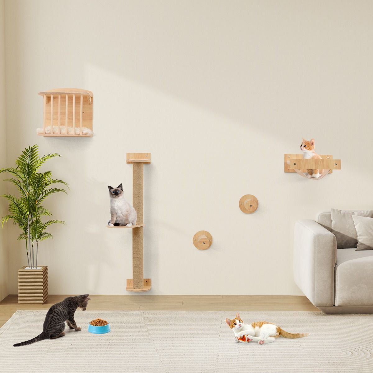 Estantería De Pared Para Gatos Con Árbol De 3 Niveles Hamaca Poste Y Alfombras Rascadores Natural