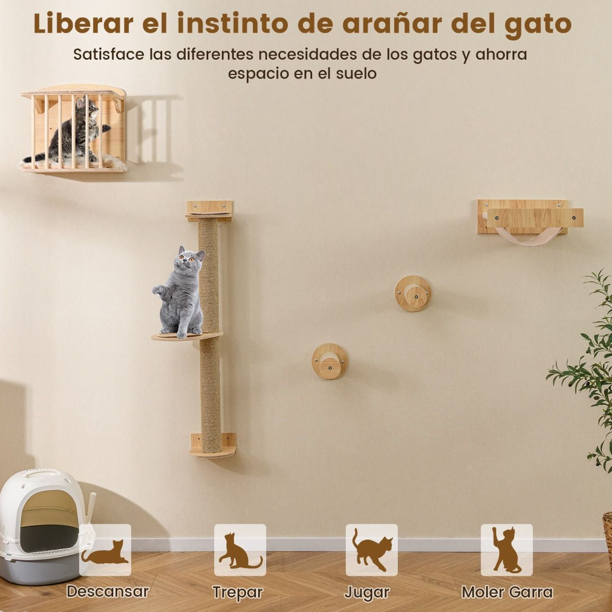 Estantería De Pared Para Gatos Con Árbol De 3 Niveles Hamaca Poste Y Alfombras Rascadores Natural