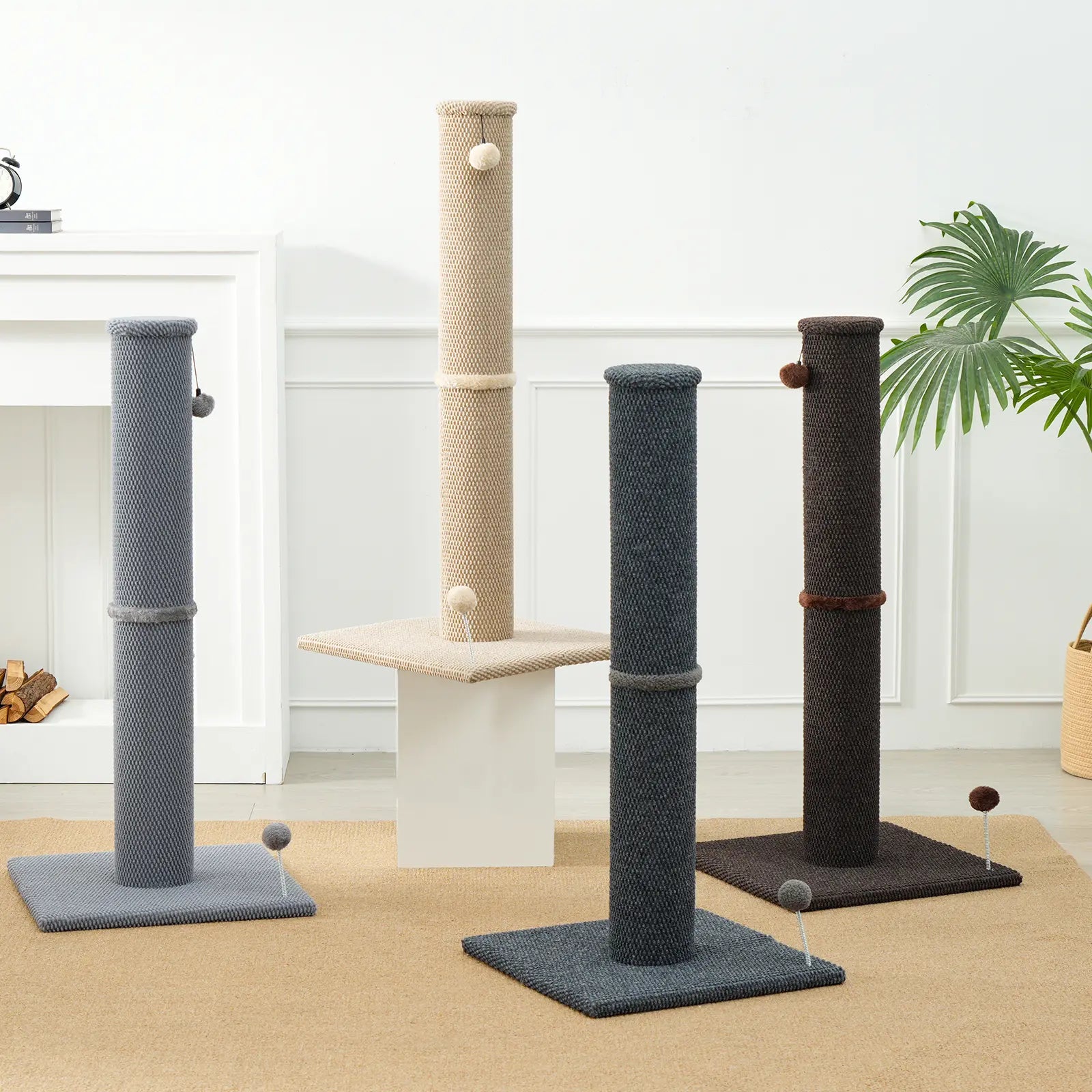Made4Pets Plain Freestanding Sisal Scratching Post for Indoor Cats, 19.25" L X 19.25" W X 41.73" H, Sturdy Base, Replaceable Spring Toy, Space-Saving Compact Build, Supports Healthy Nails, Vertical Scratcher