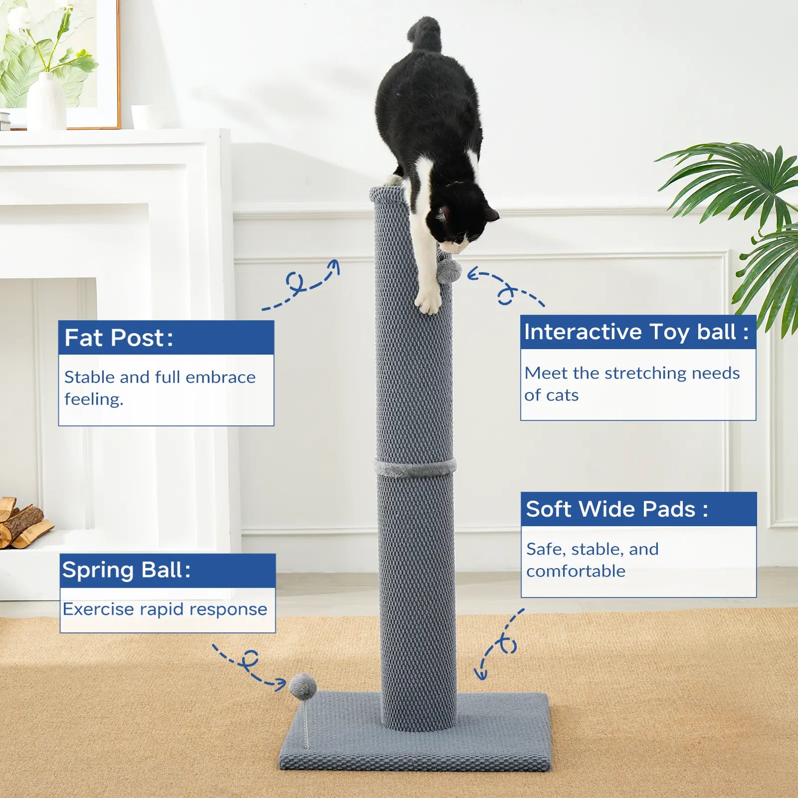 Made4Pets Plain Freestanding Sisal Scratching Post for Indoor Cats, 19.25" L X 19.25" W X 41.73" H, Sturdy Base, Replaceable Spring Toy, Space-Saving Compact Build, Supports Healthy Nails, Vertical Scratcher