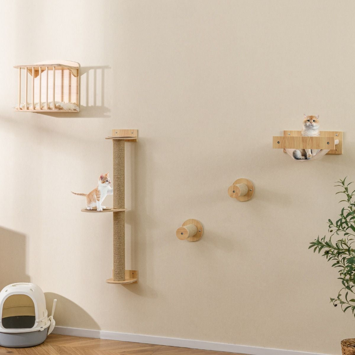 Estantería De Pared Para Gatos Con Árbol De 3 Niveles Hamaca Poste Y Alfombras Rascadores Natural